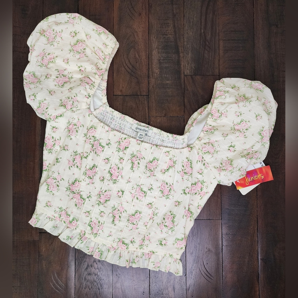 Charmed Hearts Floral Puff Sleeve Cropped Blouse Medium Cottagecore Milkmaid